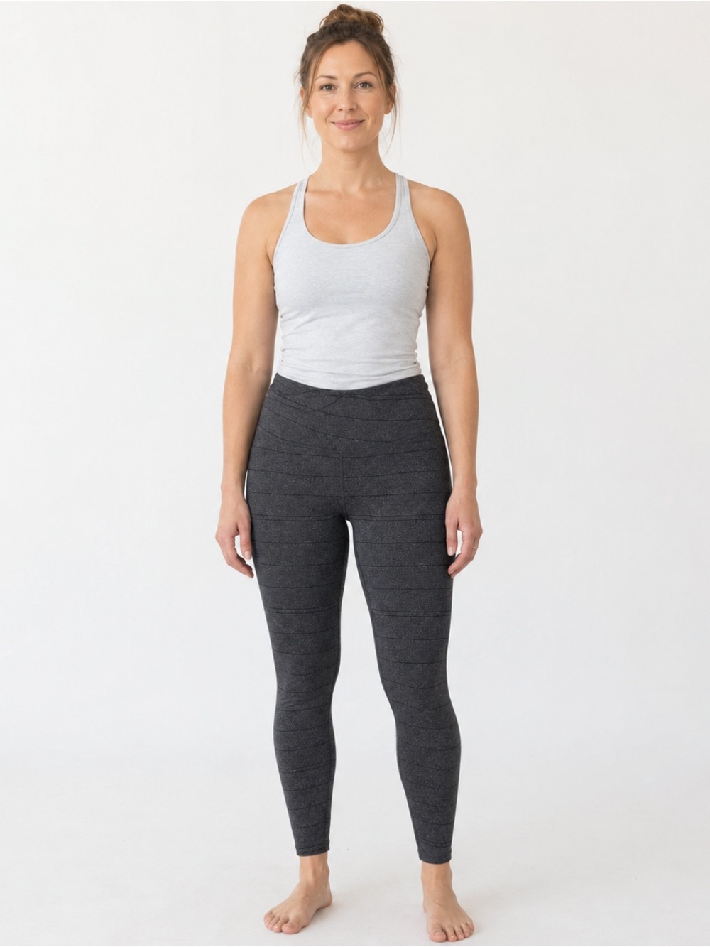 prAna Women’s Leggings Size M Gray Heather Stripe Yoga Pants Waistband Pocket